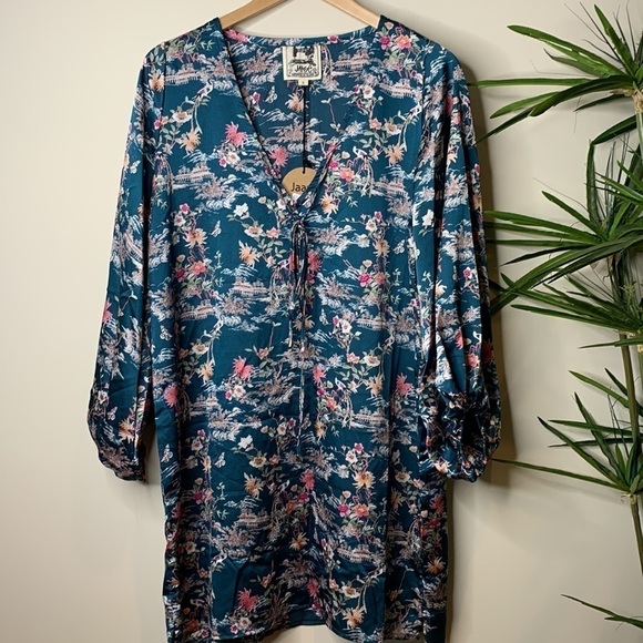 Jaase | Boho Weekend Beach Balloon Sleeve Asian Print V-Neck Tunic Dress NWT S - Picture 3 of 17